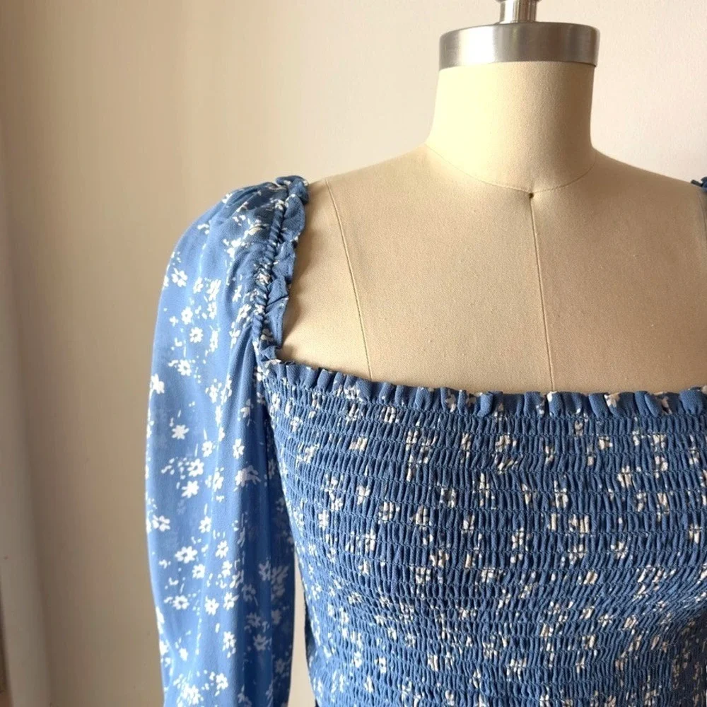 Reformation Pinto Top-Lassen Blue Floral-Smocked Georgette Long Sleeve Blouse-M